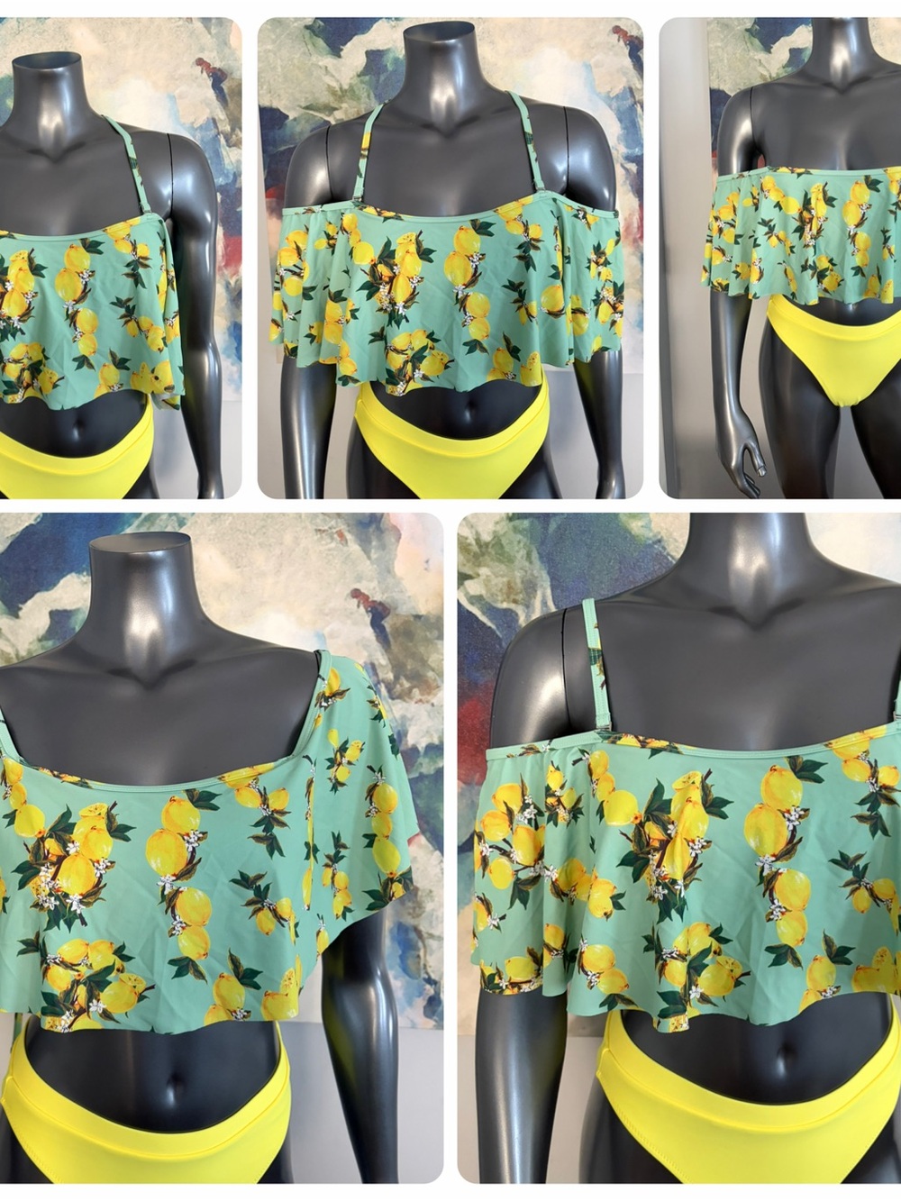 Floral Lemon Print Ruffle Multi-Way Swim Top - Green/Yellow